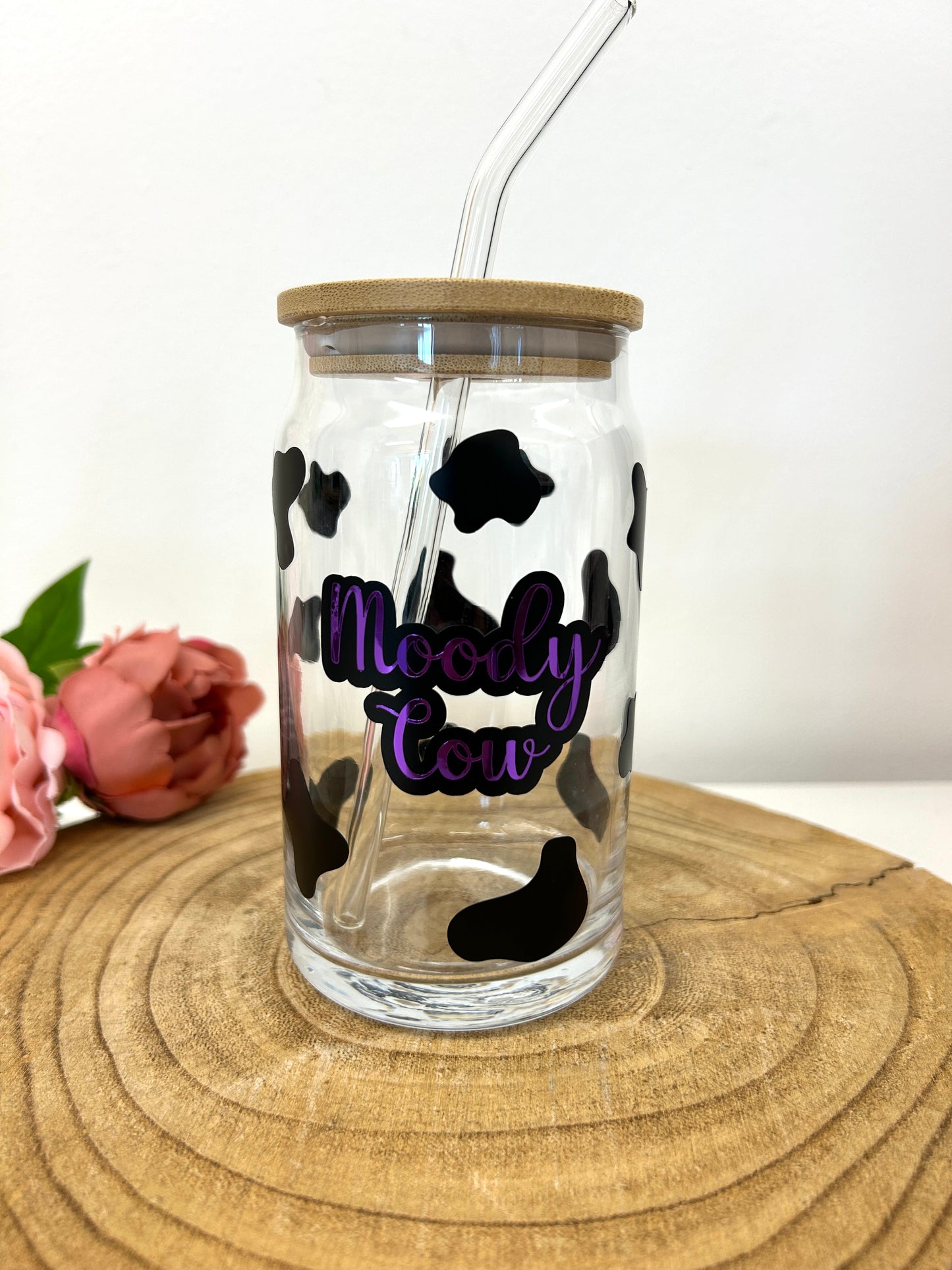 Moody cow glass with bamboo lid and straw