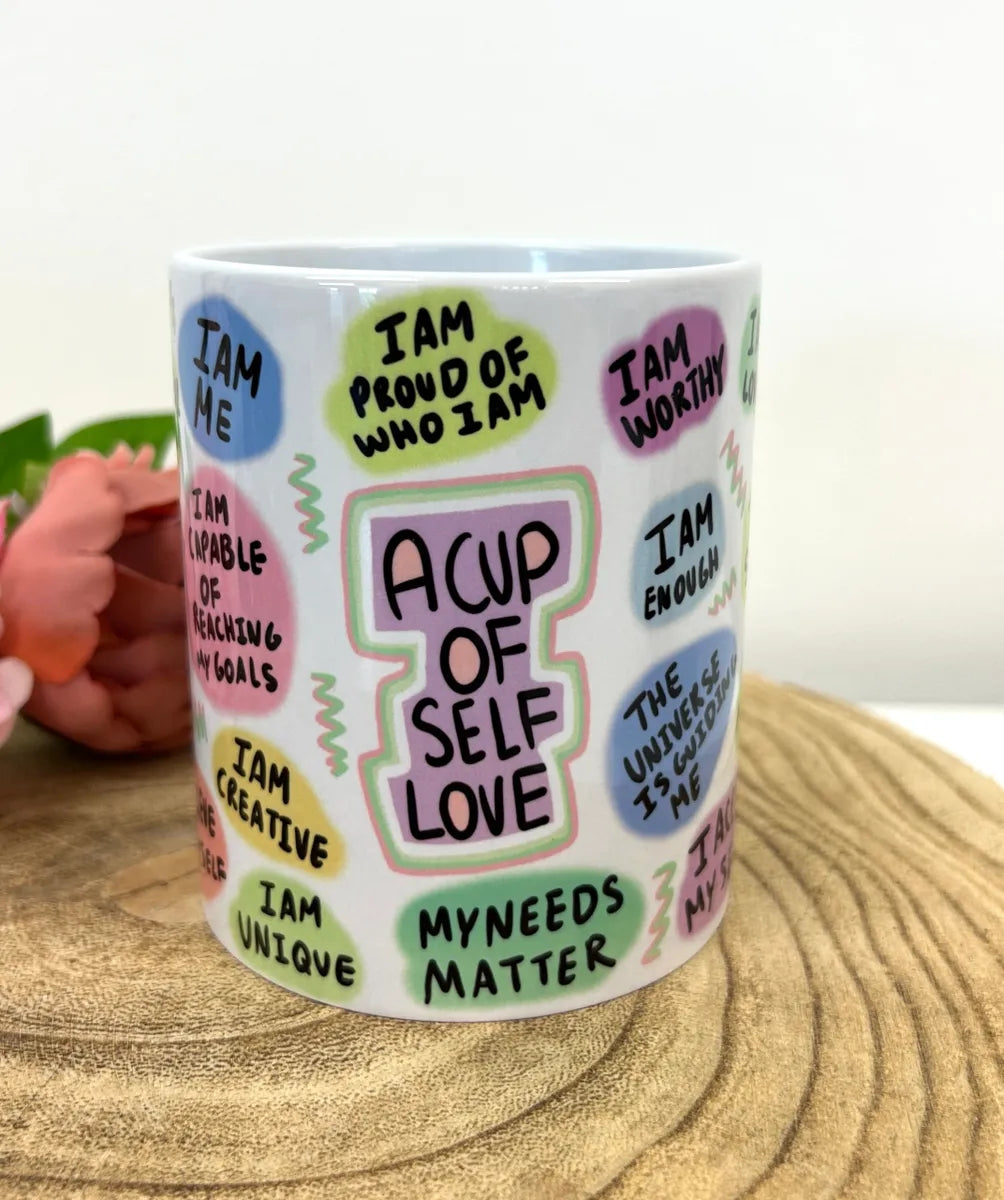 white ceramic mug printed with self love quotes