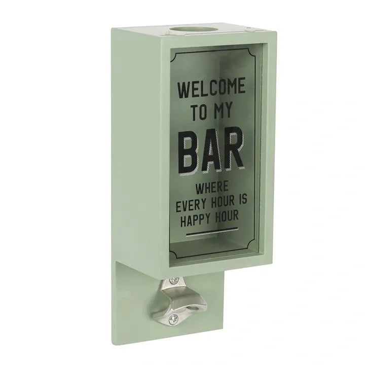 Wooden beer opener, bottle top storage