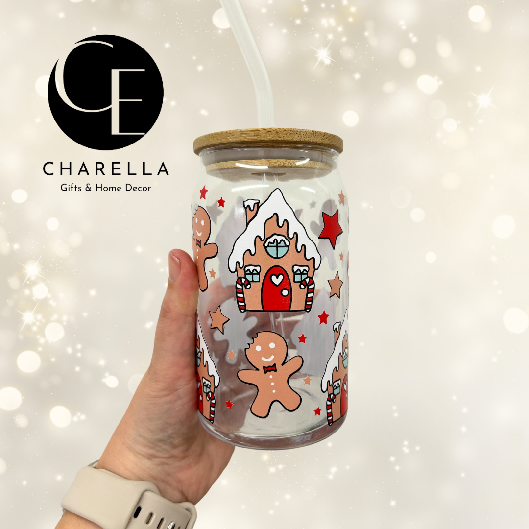 Christmas gingerbread glass with bamboo lid and glass straw