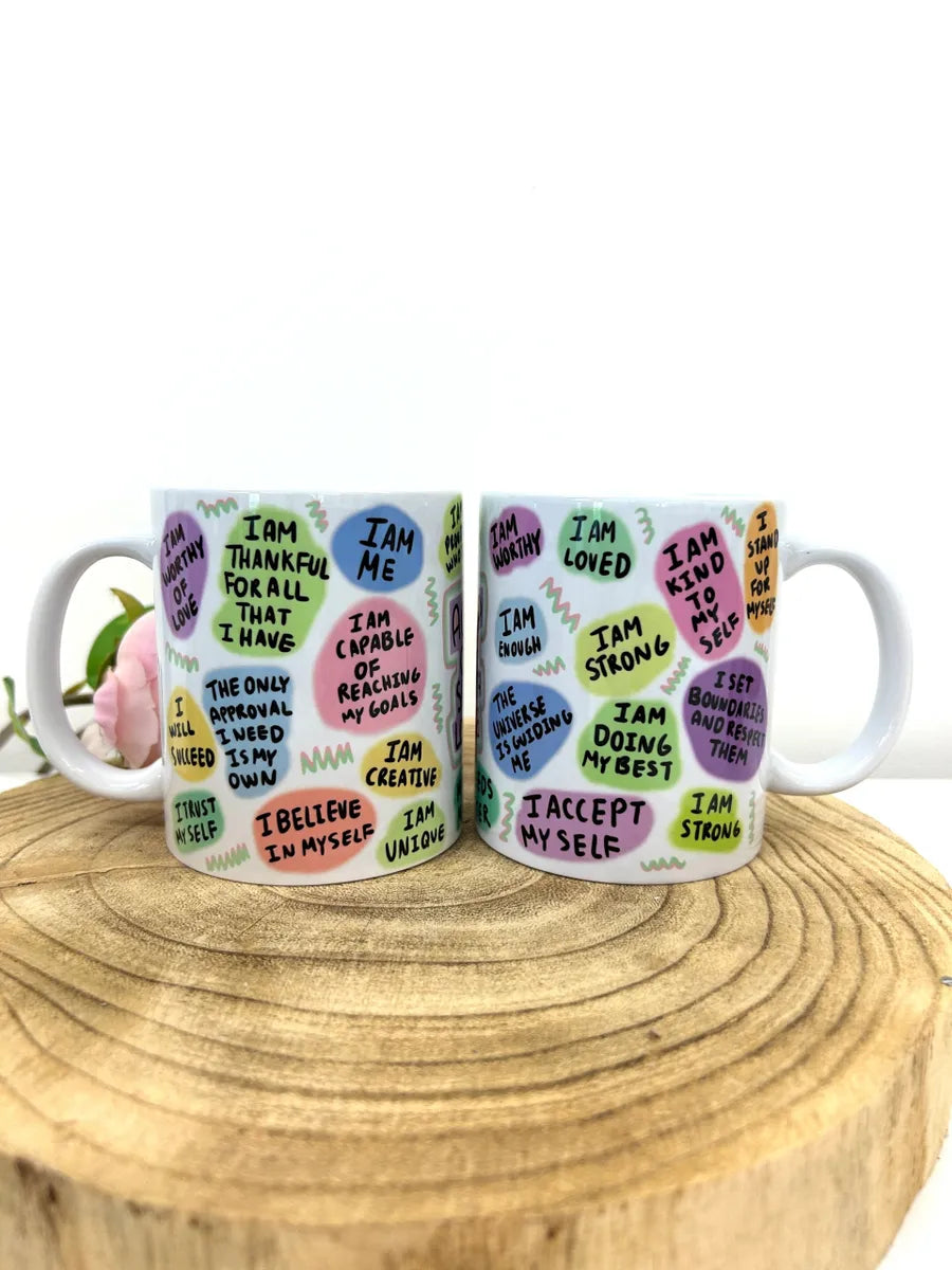 white ceramic mug printed with self love quotes