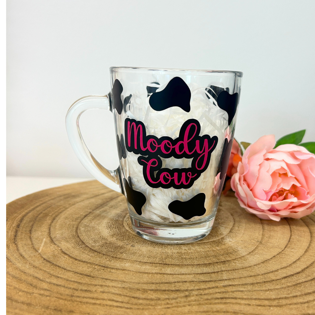 Moody Cow glass mug