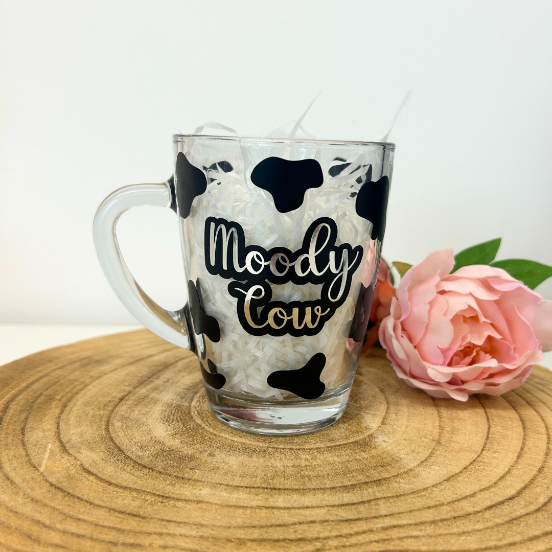 Moody Cow glass mug