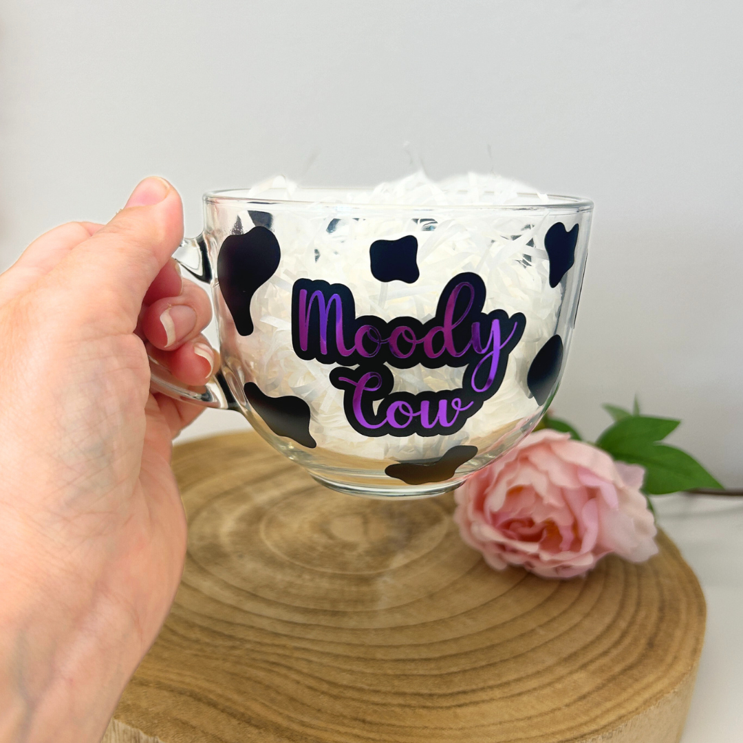 Moody Cow glass mug