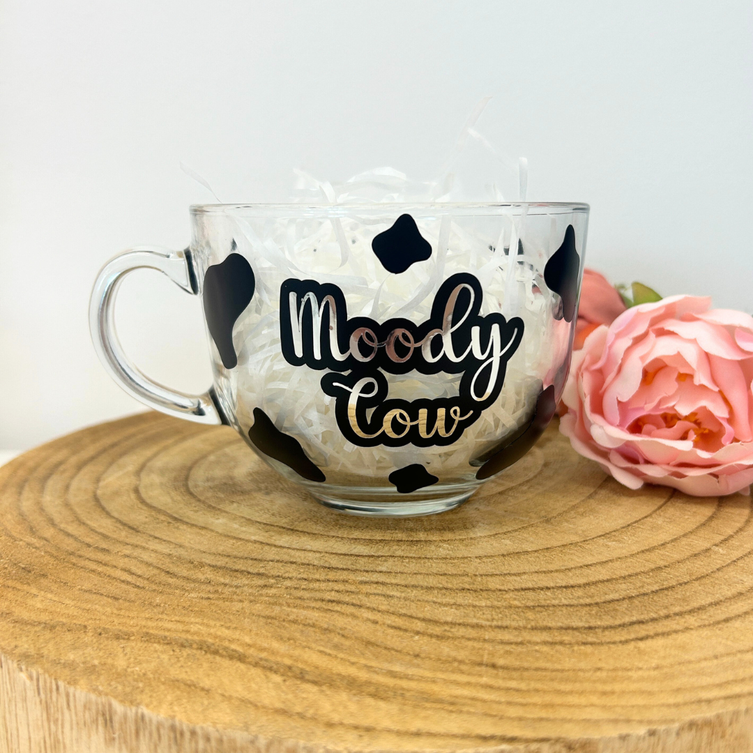Moody Cow glass mug