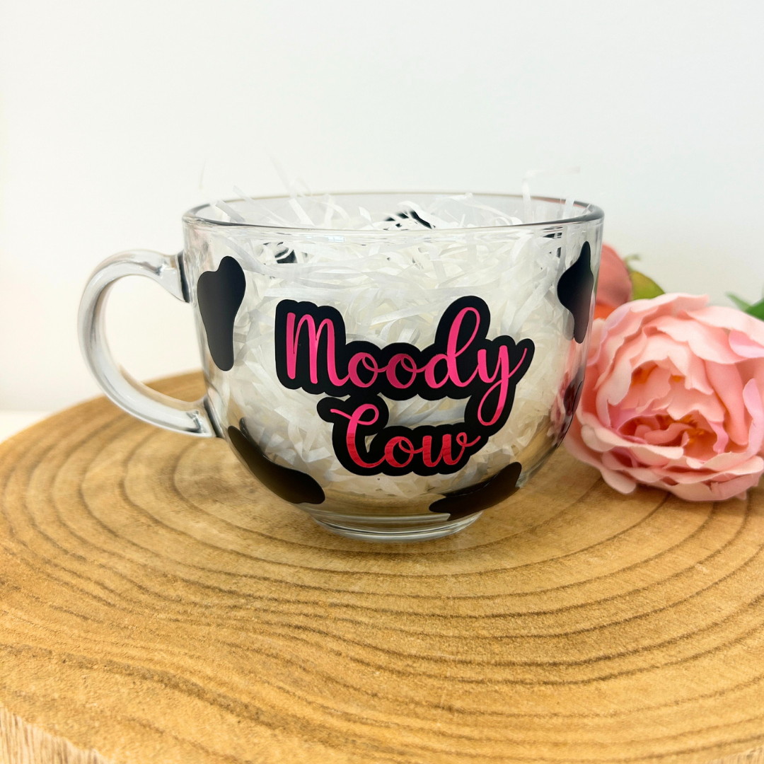 Moody Cow glass mug