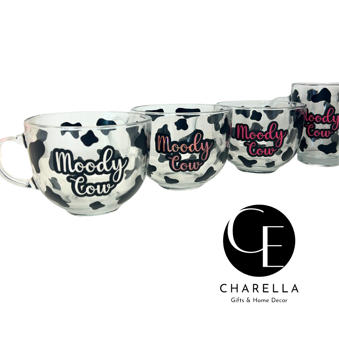 Moody Cow glass mug