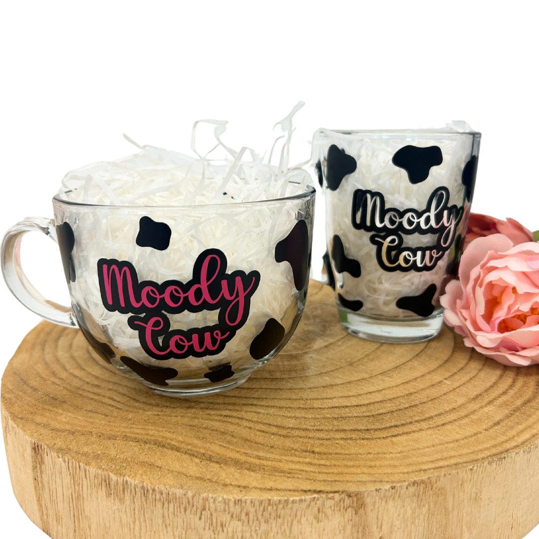Moody Cow glass mug