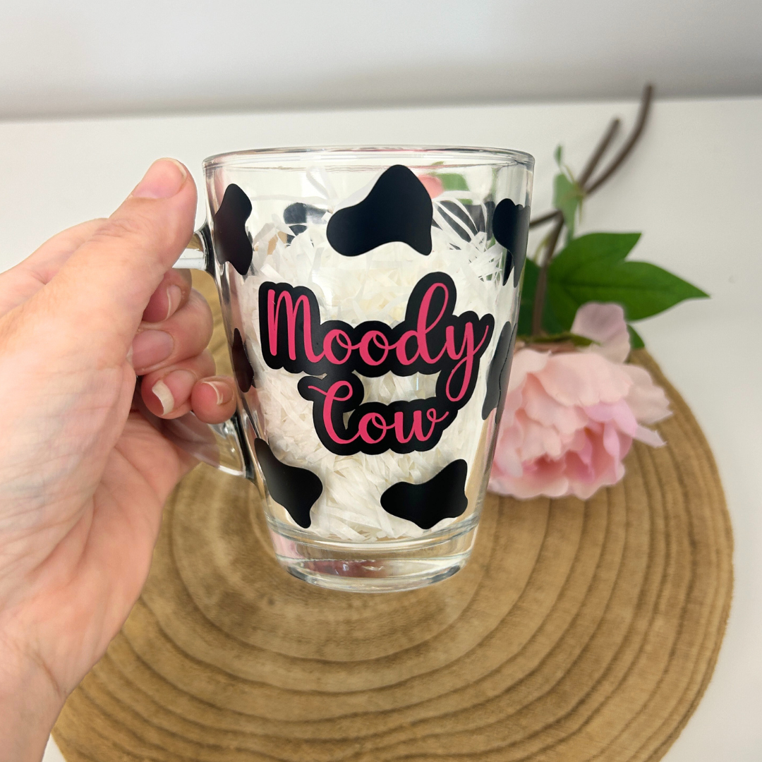 Moody Cow glass mug