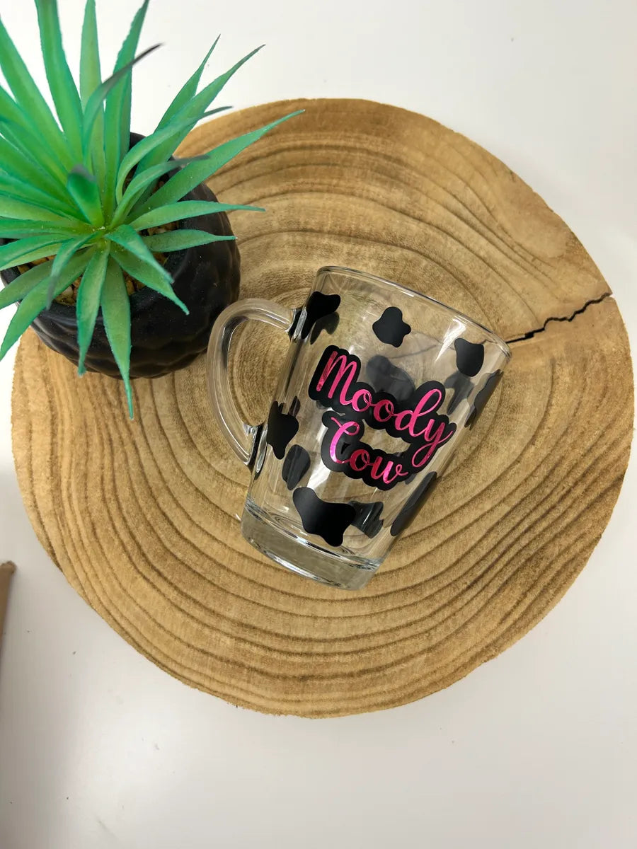 Moody Cow glass mug