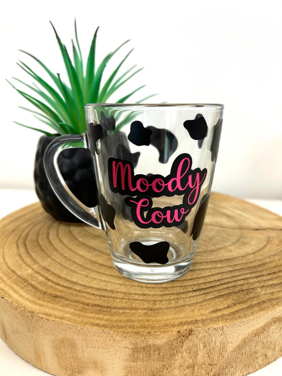 Moody Cow glass mug