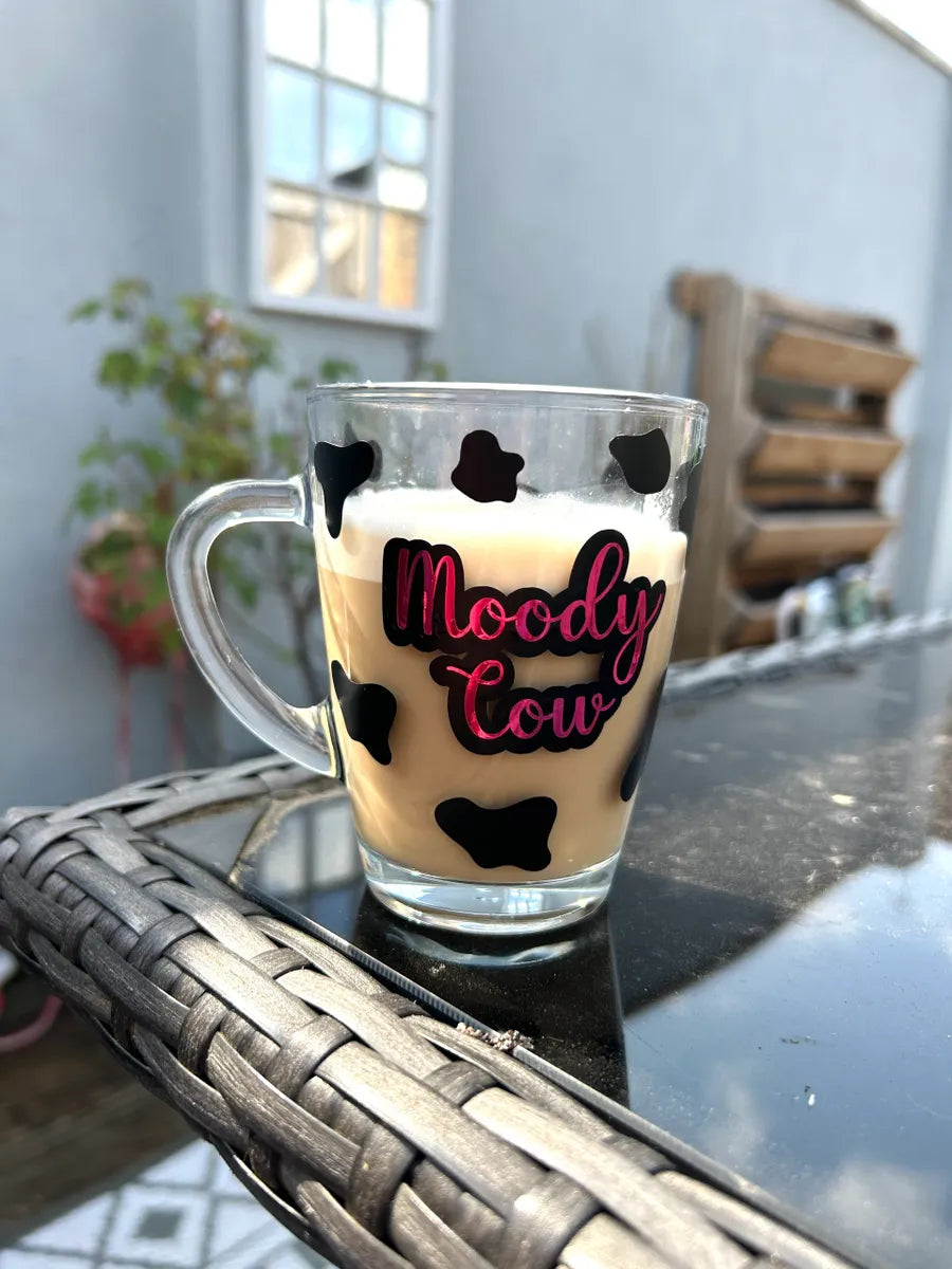 Moody Cow glass mug