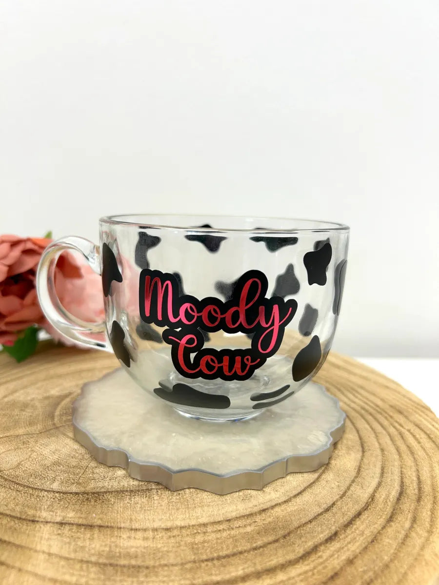 Moody Cow glass mug