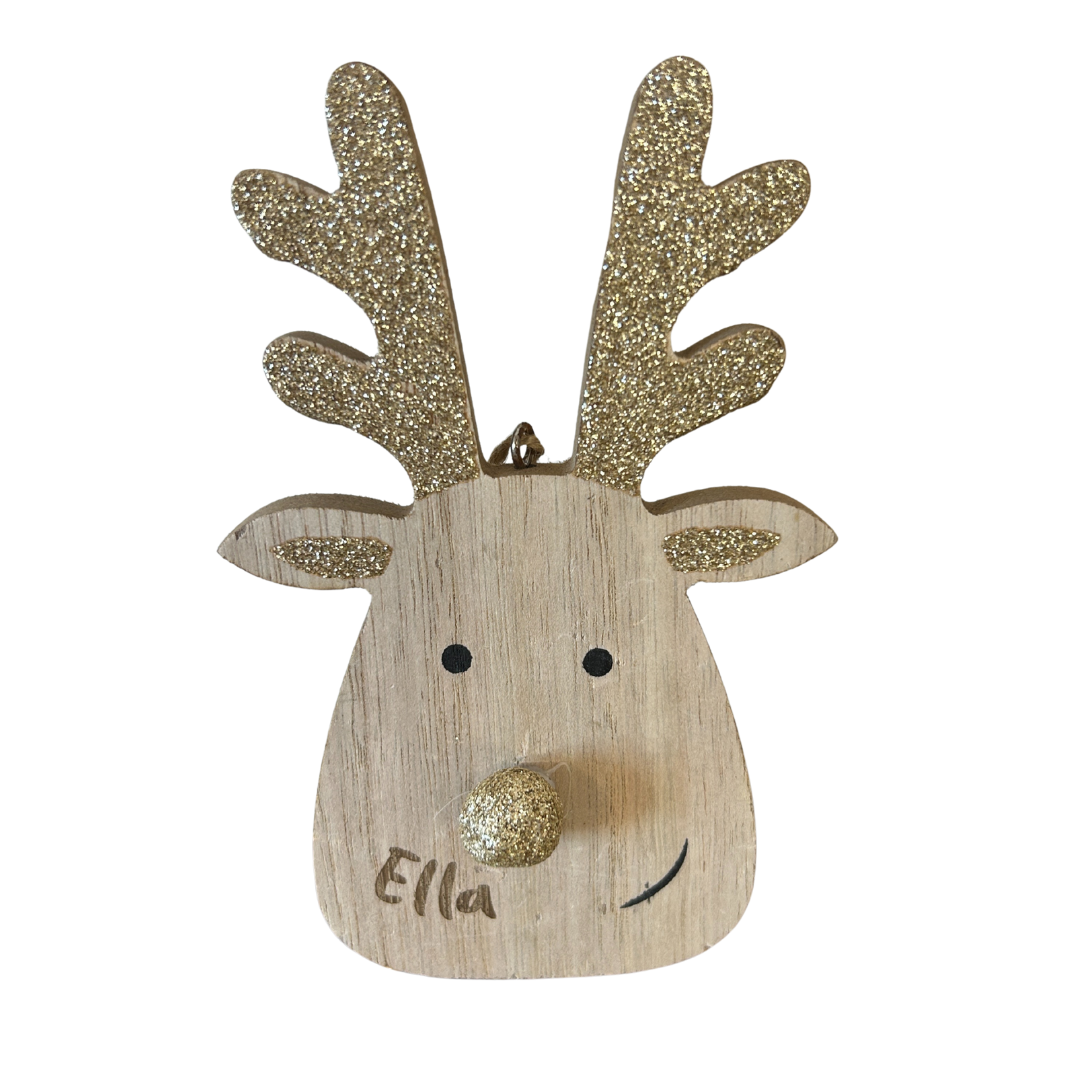 Personalised christmas reindeer bauble - gold glitter ears
