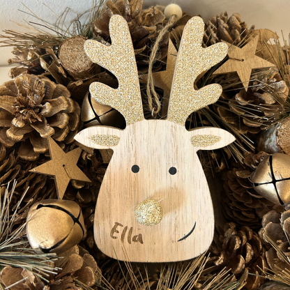 Personalised christmas reindeer bauble - gold glitter ears