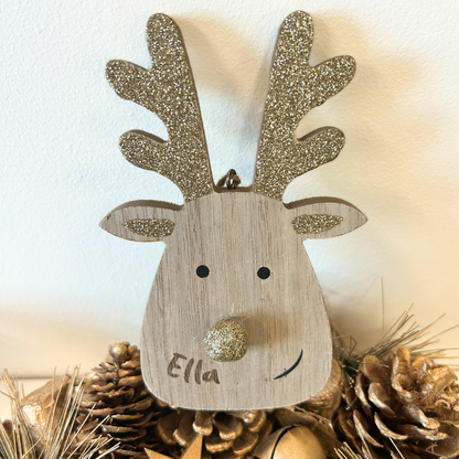 Personalised christmas reindeer bauble - gold glitter ears