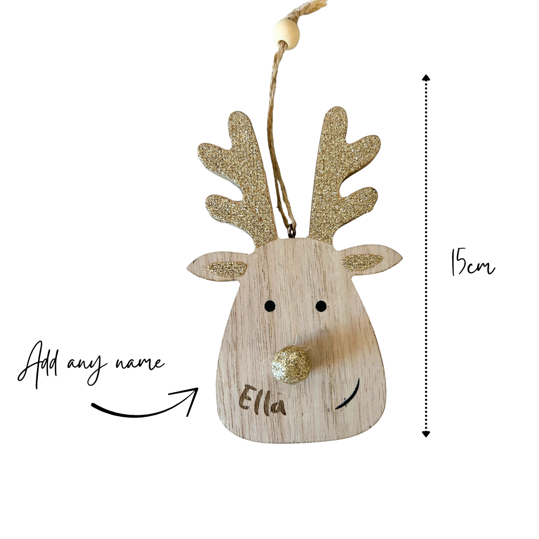 Personalised christmas reindeer bauble - gold glitter ears