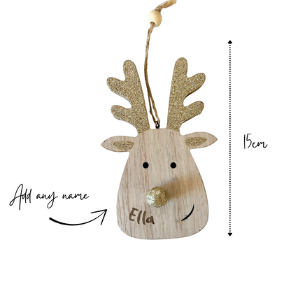 Personalised christmas reindeer bauble - gold glitter ears