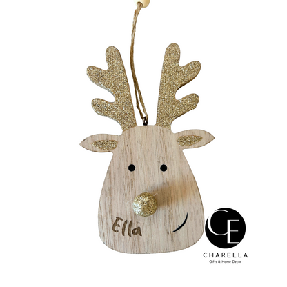 Personalised christmas reindeer bauble - gold glitter ears