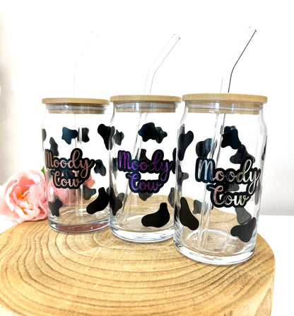Moody cow glass with bamboo lid and straw