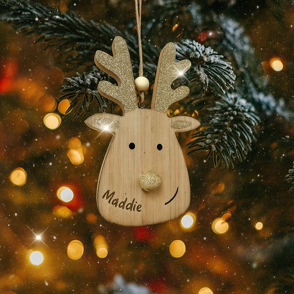 Personalised christmas reindeer bauble - gold glitter ears