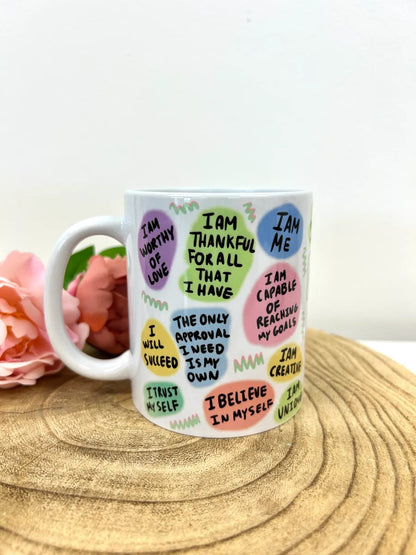 white ceramic mug printed with self love quotes