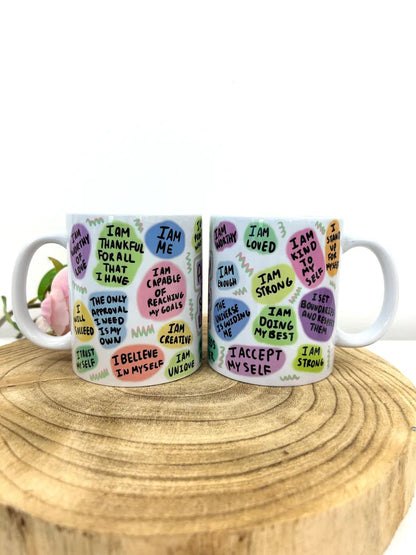 white ceramic mug printed with self love quotes