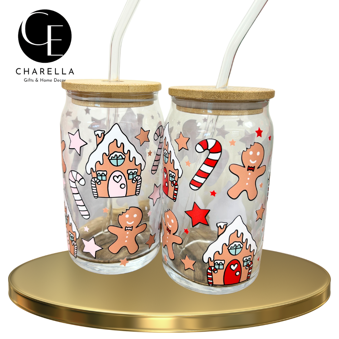 Christmas gingerbread glass with bamboo lid and glass straw