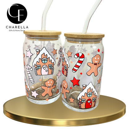 Christmas gingerbread glass with bamboo lid and glass straw