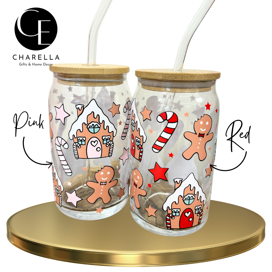 Christmas gingerbread glass with bamboo lid and glass straw