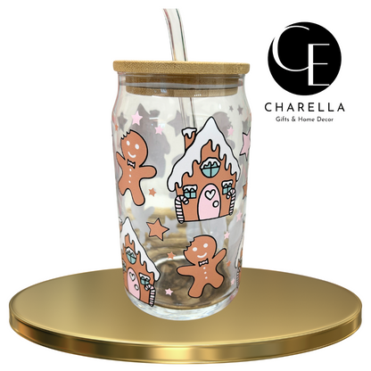 Christmas gingerbread glass with bamboo lid and glass straw