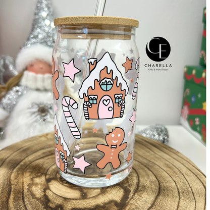 Christmas gingerbread glass with bamboo lid and glass straw